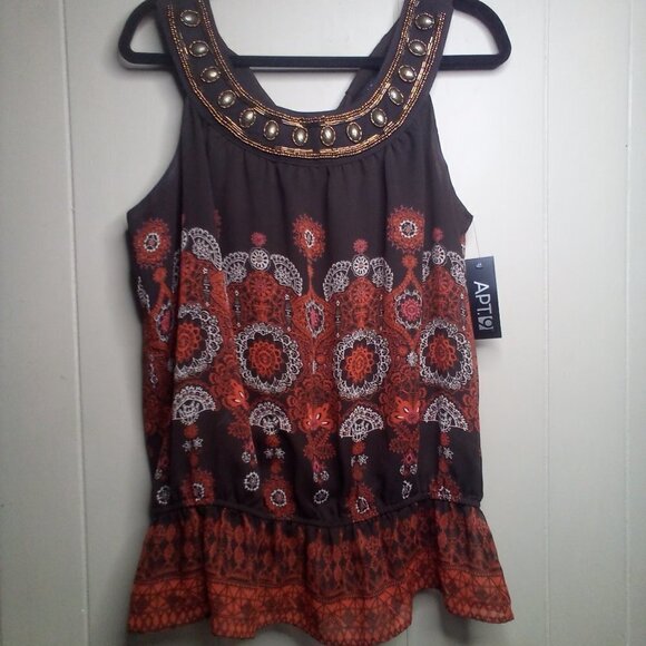 Apt. 9 Tops - Apt. 9 Blouse L Sleeveless Beaded Ruffle Brown Orange